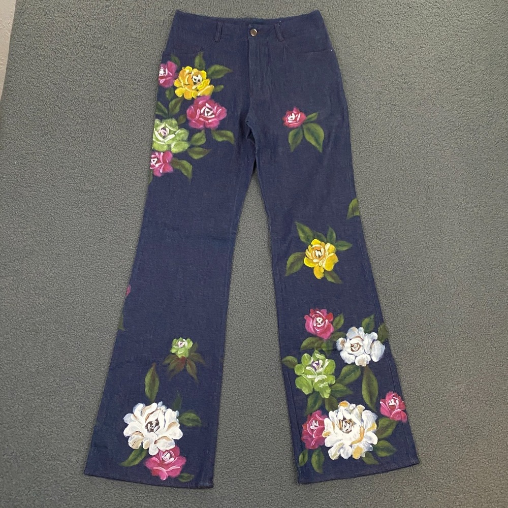 Vintage Y2K Mandalay Jeans size 8 Flare Bootcut Hand Painted Flowers Boho NEW